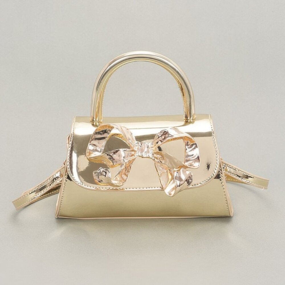 Faux Mirror Leather Ribbon Metal Top Handle Bag